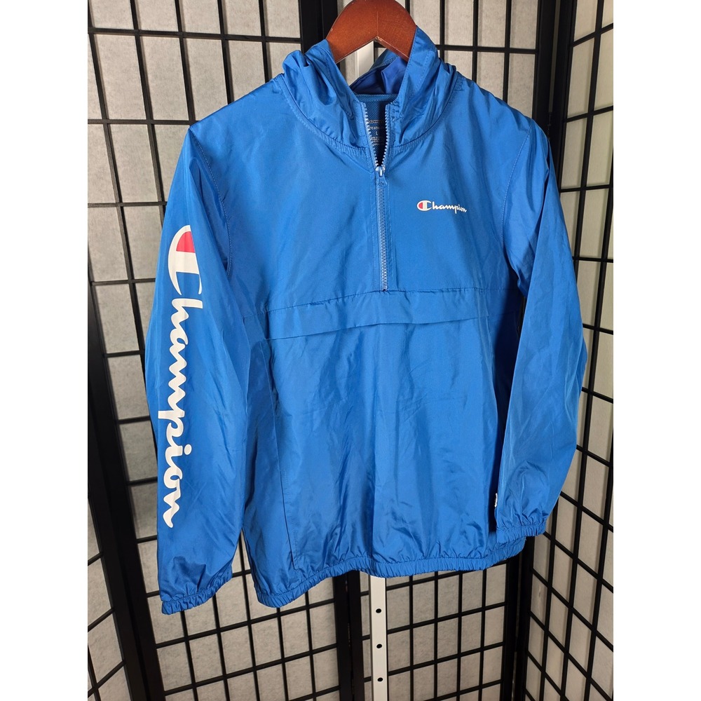 Champion‎ Mens Blue Packable Anorak Windbreaker Jacket Script Logo Size L
